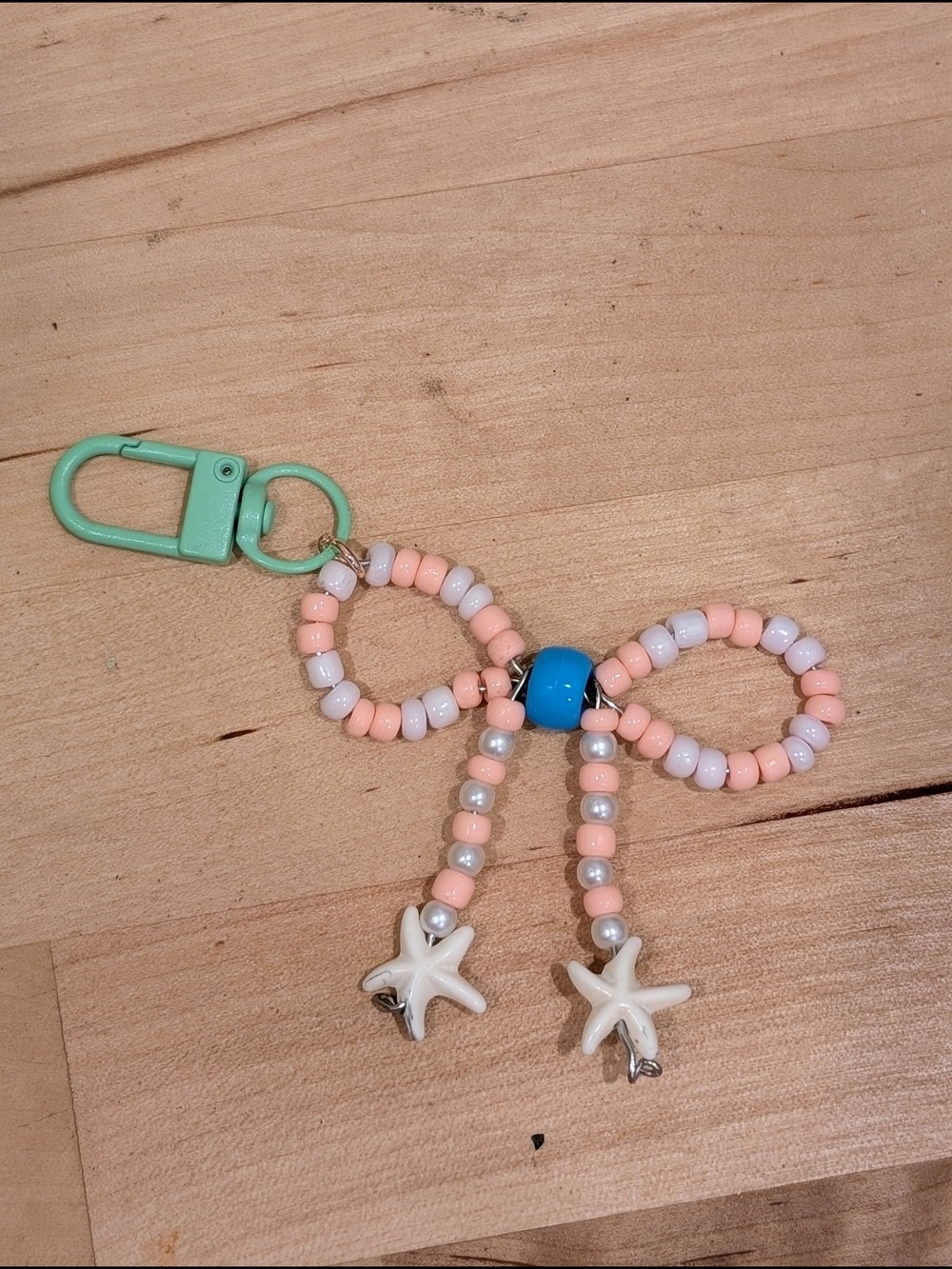 Beaded Keychain Bow Pink White Green